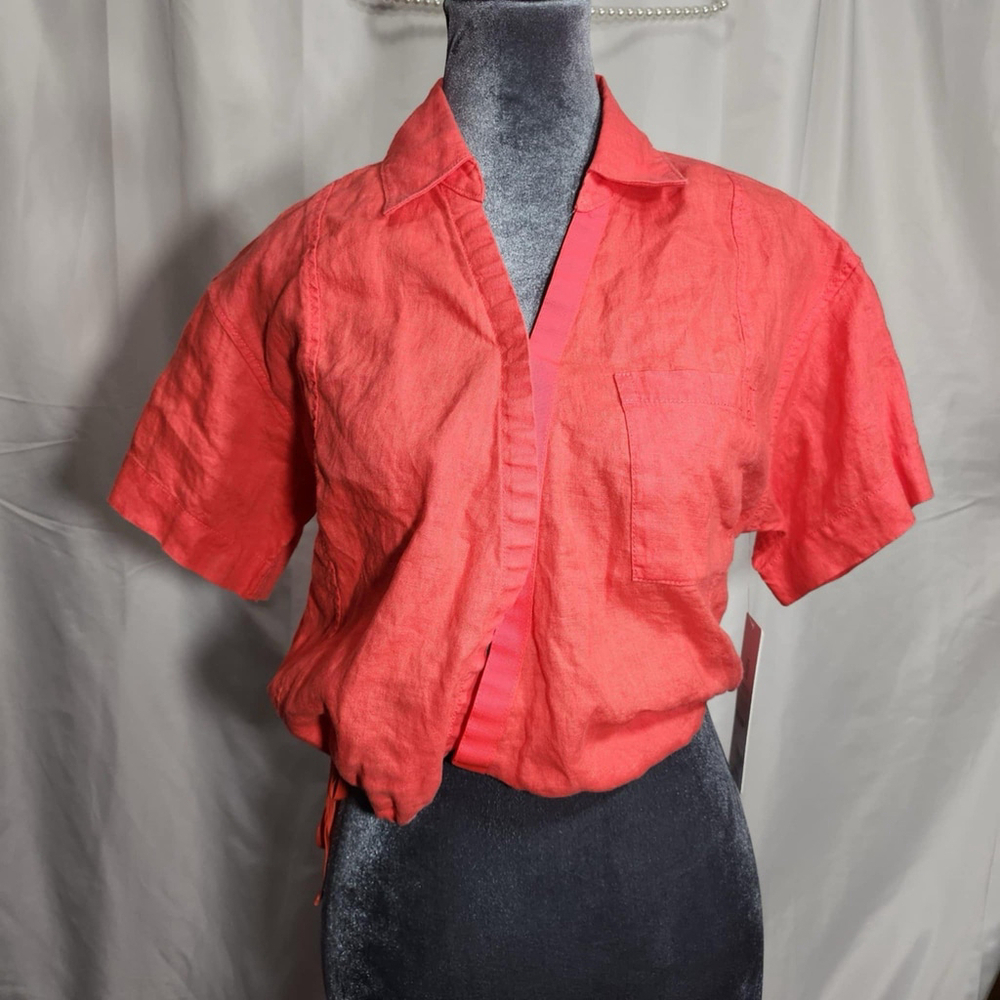 Athleta Playa Tie Top Womens XS Coral Short Sleeve Linen Blouse Shirt Wrap